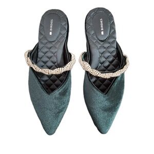 Birdies The Swan Slide Green Velvet Mule Slip on Flat Rhinestone strap Women 7.5